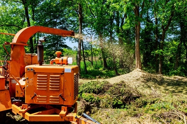 Orange wood chipper machine processing branches and small tree trunks.